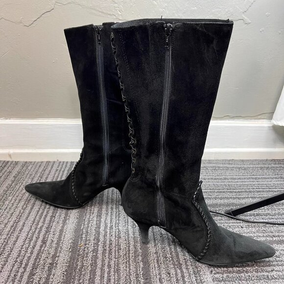 Gianni Bini black Whipstitch Lace Up mid calf Suede Boots - Picture 3 of 12